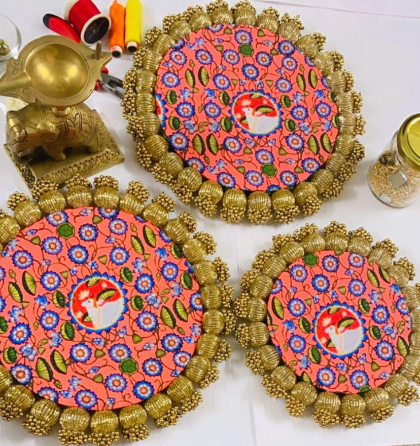 Peach and Pink Double Sided Pichwai Coaster Set (3 Pc)