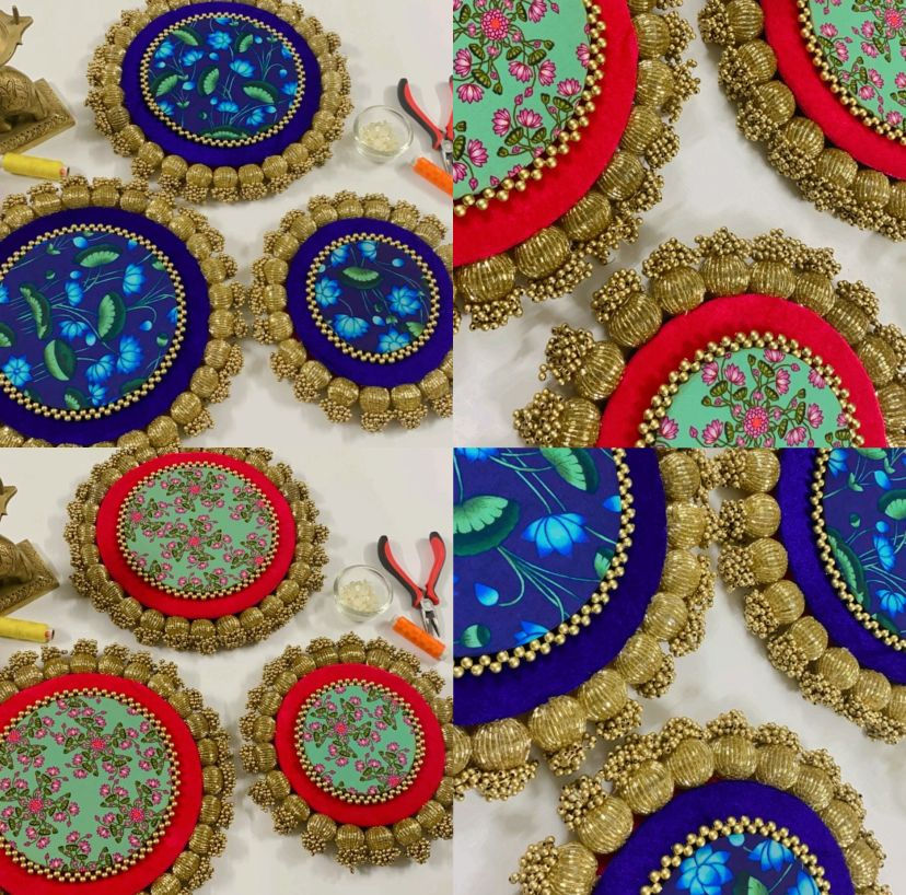 Blue and Greed Double Sided Pichwai/Patola Coaster Set (3 Pc)