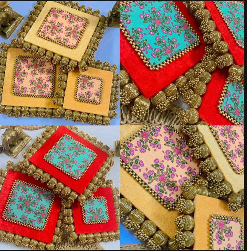 Red and Yellow Double Sided Two Layer Pichwai Coaster Set (3 Pc)