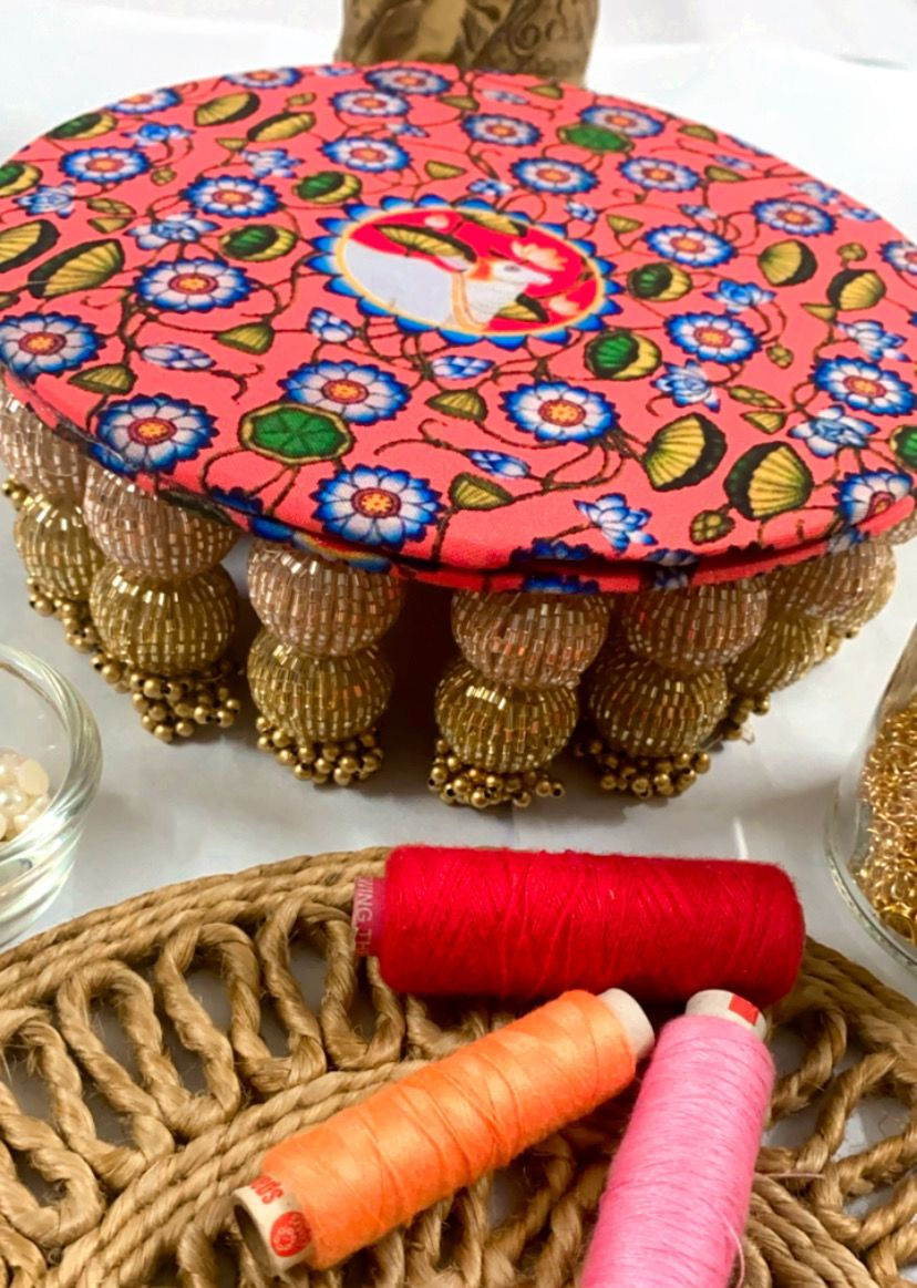 Peach Cow and Floral Pichwai Chowki