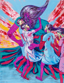 Öl auf Leinwand,Großmutter, die Mädchen mit Kirschen füttert