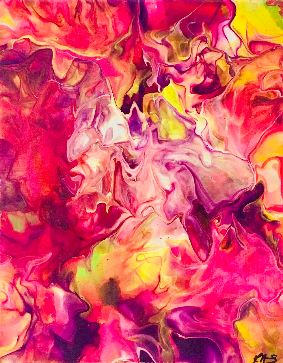 A hand poured acrylic painting with swirling hues of purple, hot pink, and gold.