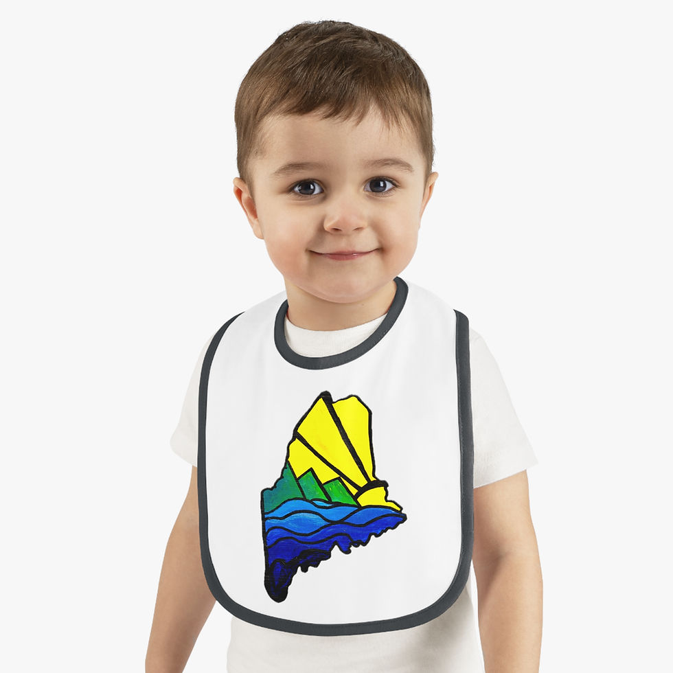 Thumbnail: Jersey Bib - Maine Outline with Waves, Mountains, and Sun Design