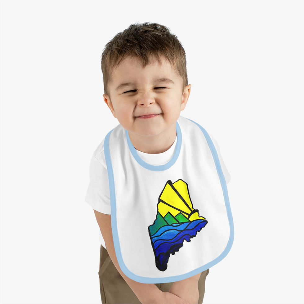 Thumbnail: Jersey Bib - Maine Outline with Waves, Mountains, and Sun Design