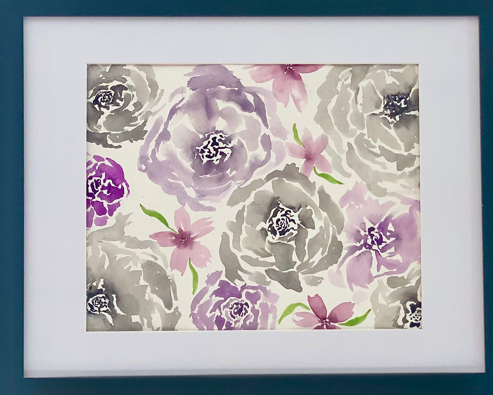 A loose floral style watercolor painting of five black roses and four purple roses with sparse greenery.