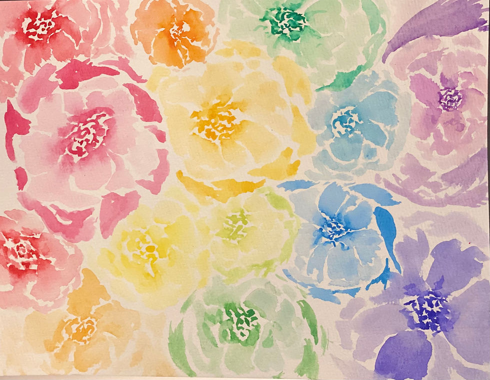 Loose watercolor roses in various sizes and colors of the rainbow.