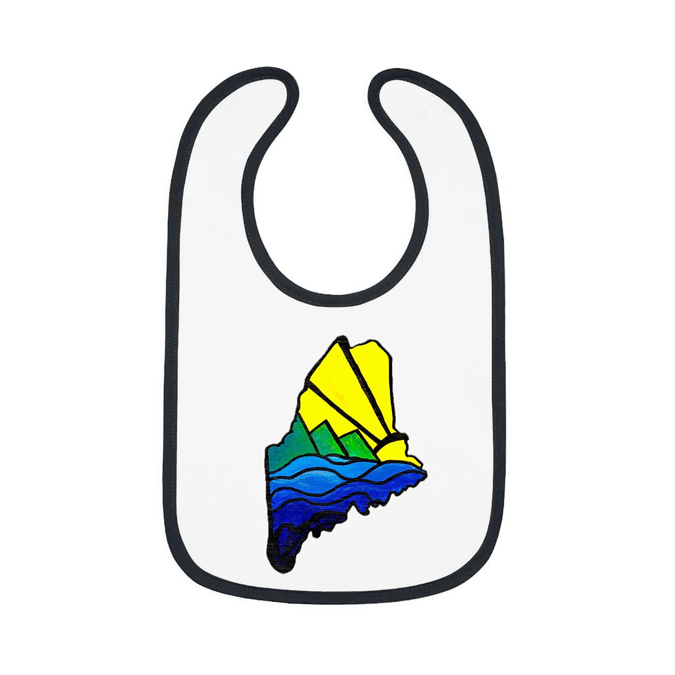 Thumbnail: Jersey Bib - Maine Outline with Waves, Mountains, and Sun Design