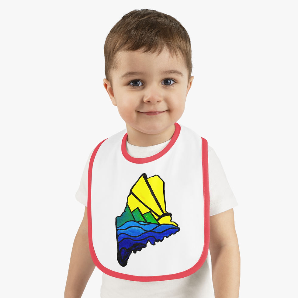 Thumbnail: Jersey Bib - Maine Outline with Waves, Mountains, and Sun Design