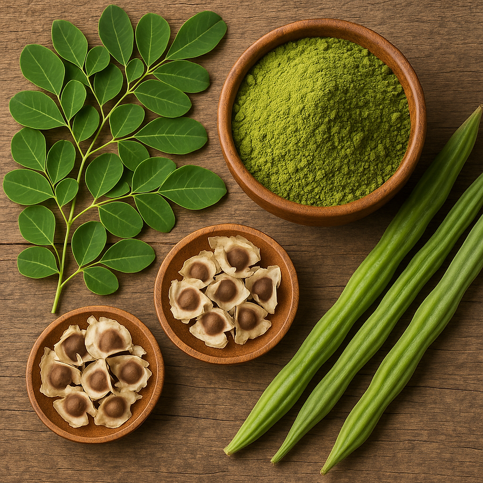 Moringa in its natural forms, from vibrant leaves to nutrient-packed powder and pods.