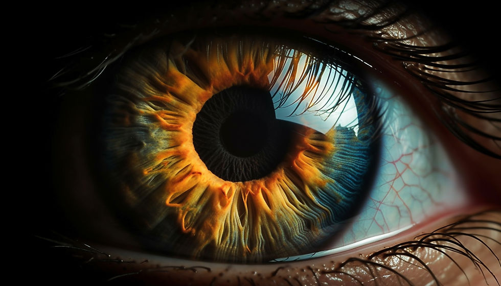 Detailed macro eye shot highlighting vibrant iris textures contrasted with dark pupil and lashes.