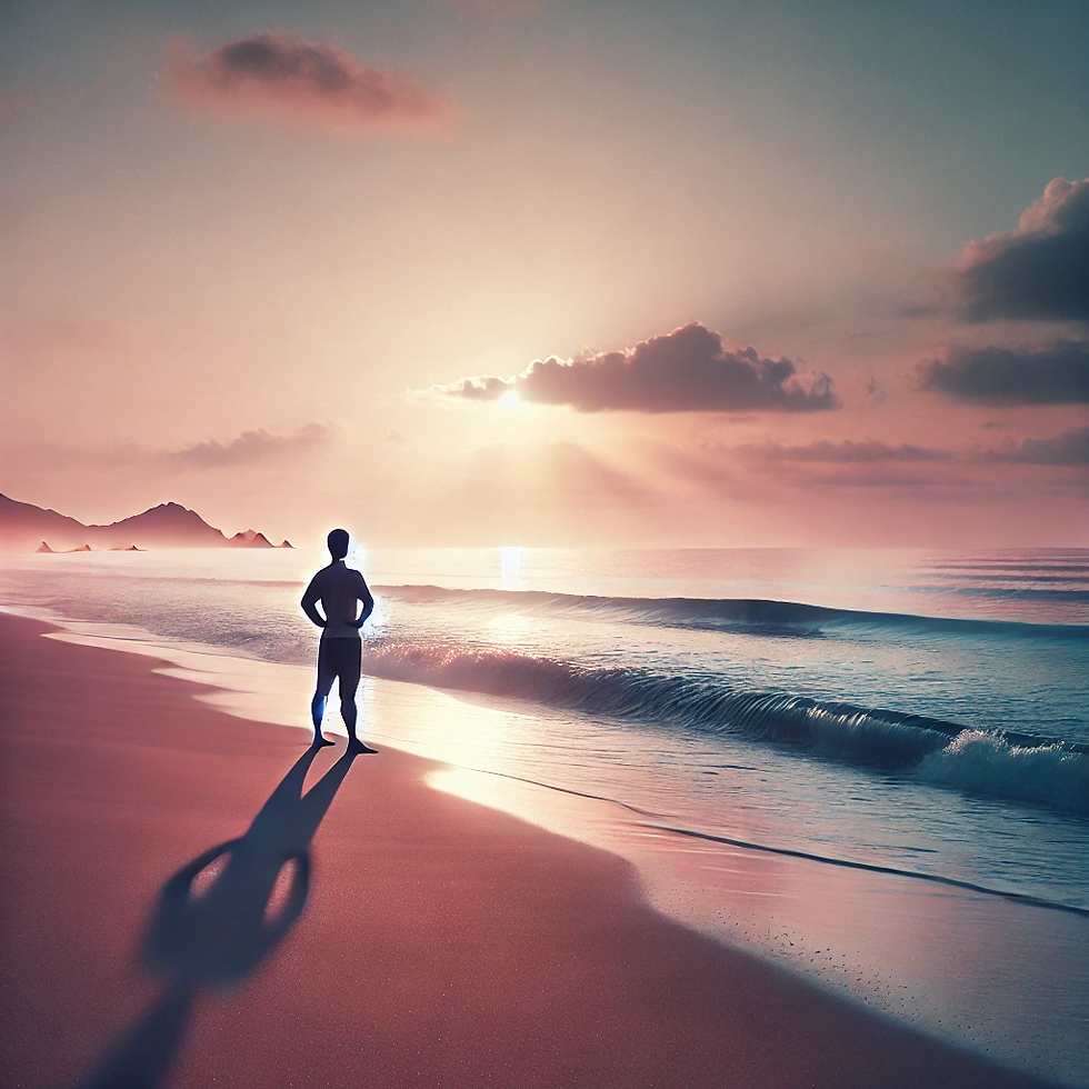 Openness to growth and flexibility, a quiet moment of reflection by the vast ocean.