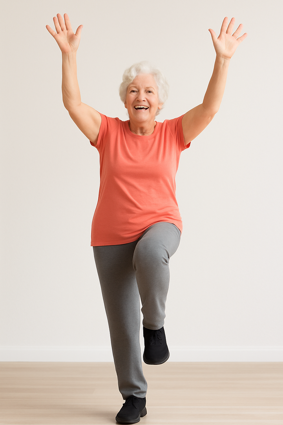 Older adult marching in place with arms raised, boosting heart health in minutes.