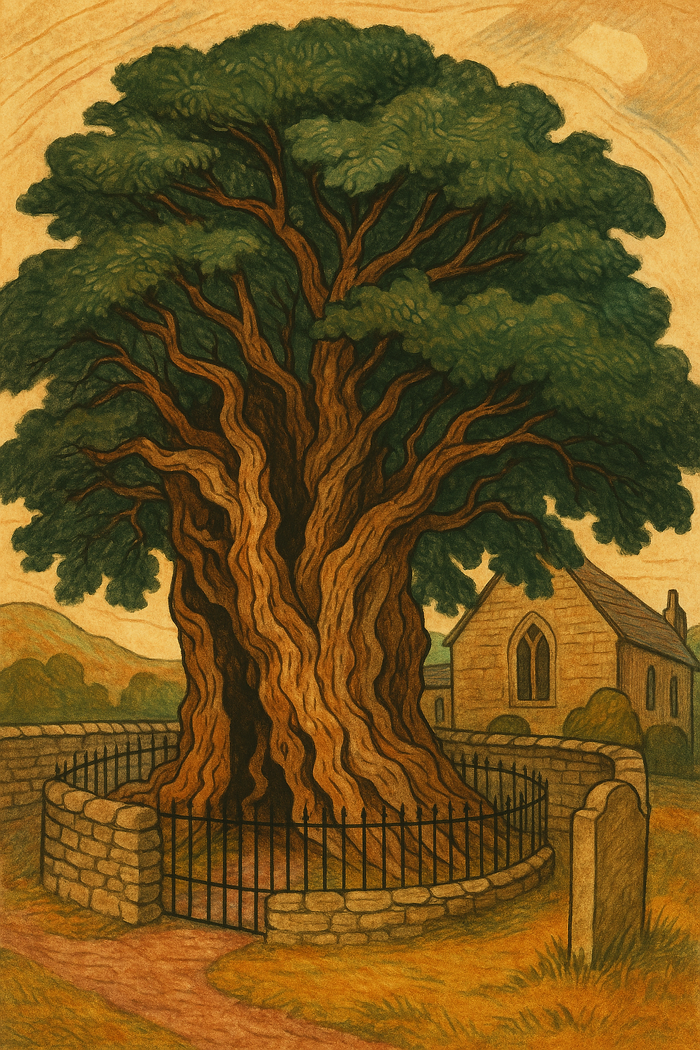 Majestic Fortingall Yew standing tall, rich green canopy over historic Perthshire church.