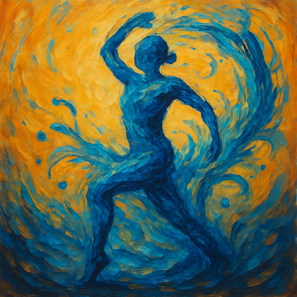 Flowing water forms a dancer, symbolising movement, energy, and the body's internal hydration.