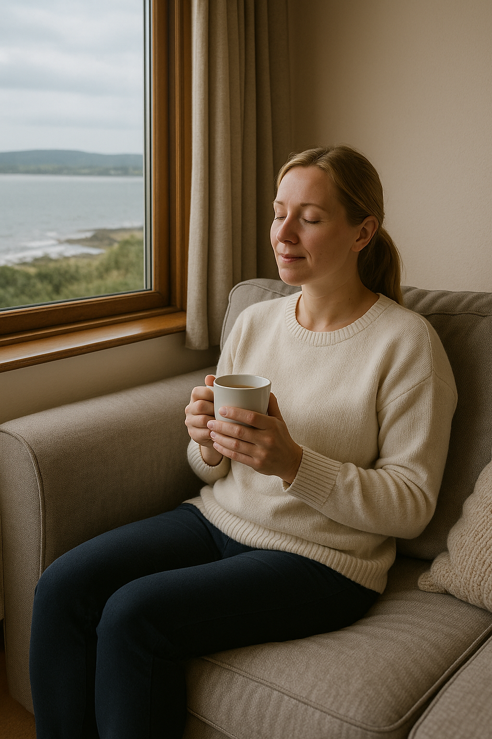 A quiet moment by the window, tea in hand, work set aside for stillness.