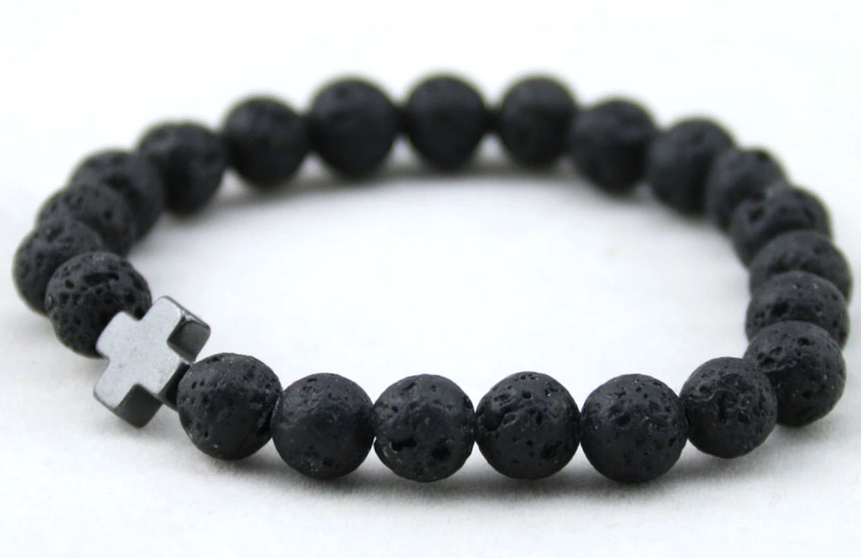 Lava Stone Bracelet w/ Gold Block Cross
