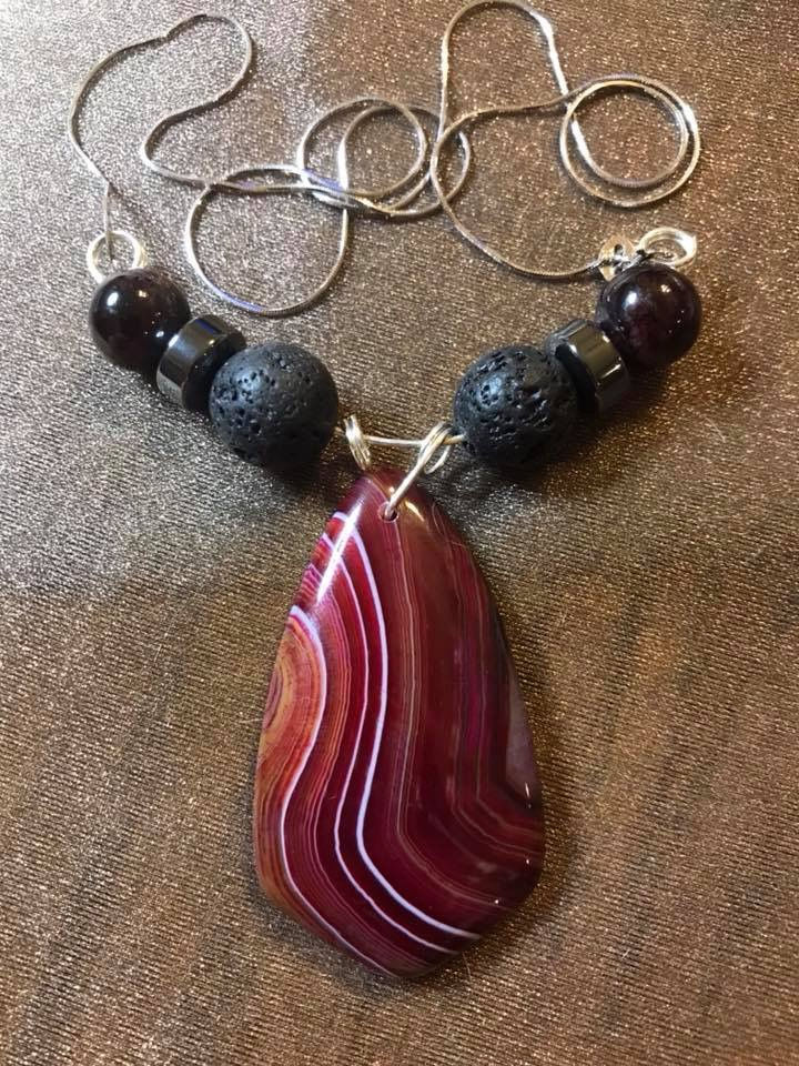 Red Agate Pendant w/ Lava Stone Beads Sterling Silver 