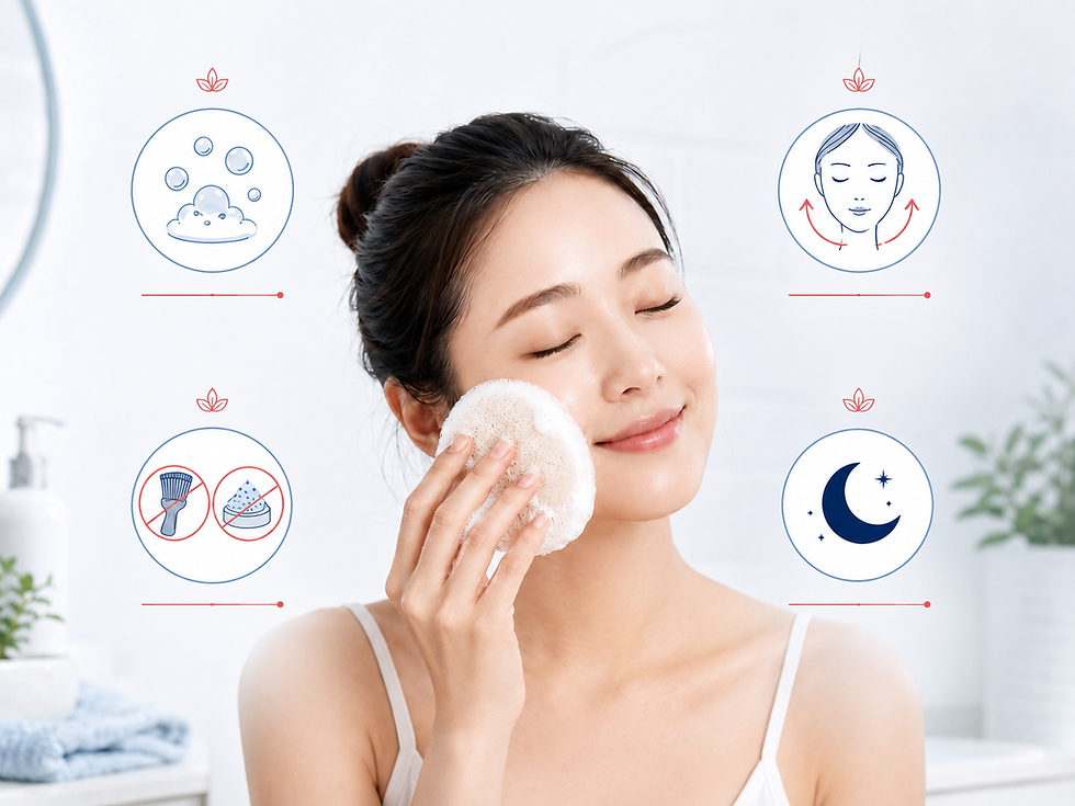 Mujer sonriente se limpia el rostro con una esponja; fondo blanco tipo spa con iconos de cuidado facial.