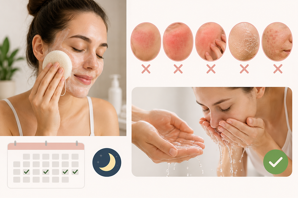 Collage: mujer limpia su rostro con espuma; ejemplos de irritación y acné con X, calendario y luna, tono instructivo.