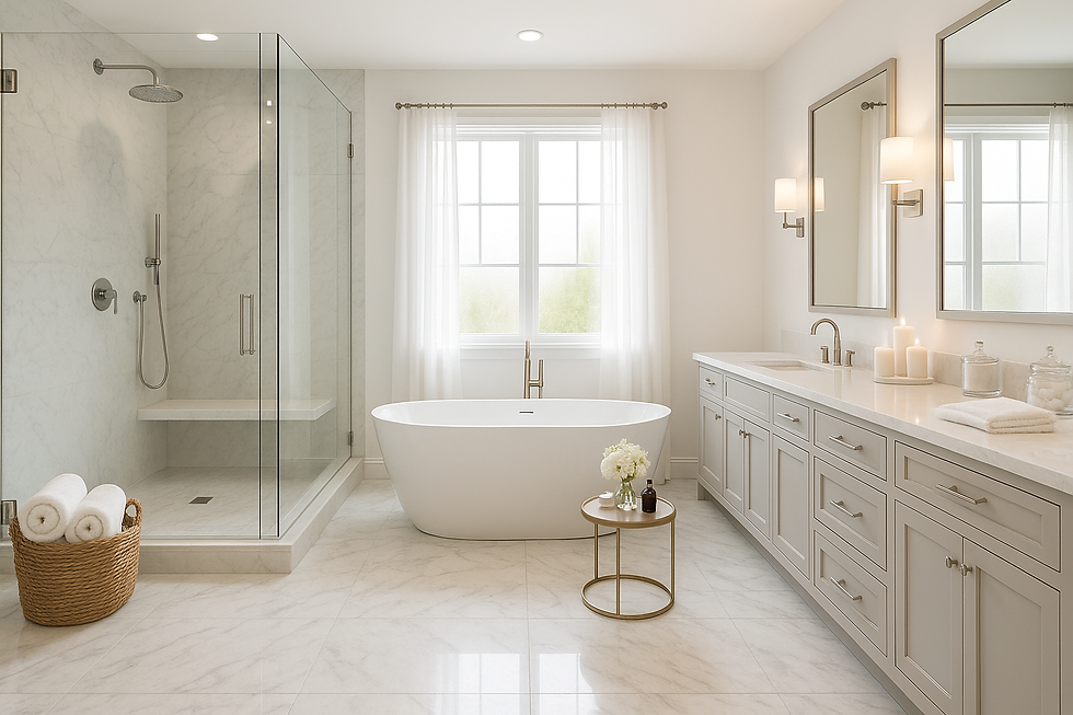 Bright luxury bathroom with freestanding tub, large windows and long white double vanity