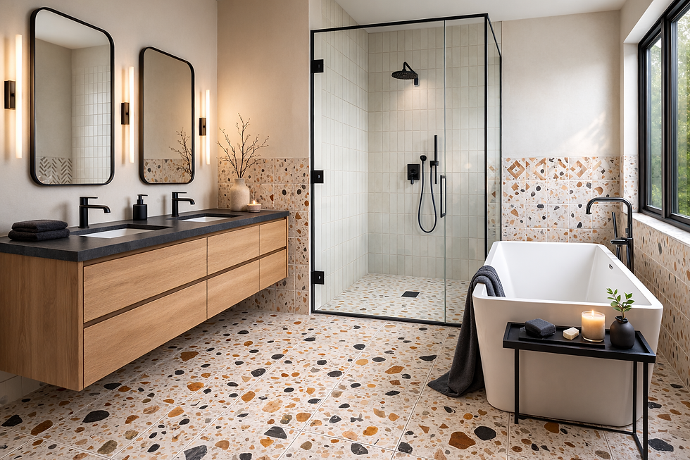 Modern bathroom with light wood vanity, terrazzo tile and glass walk-in shower with black fixtures