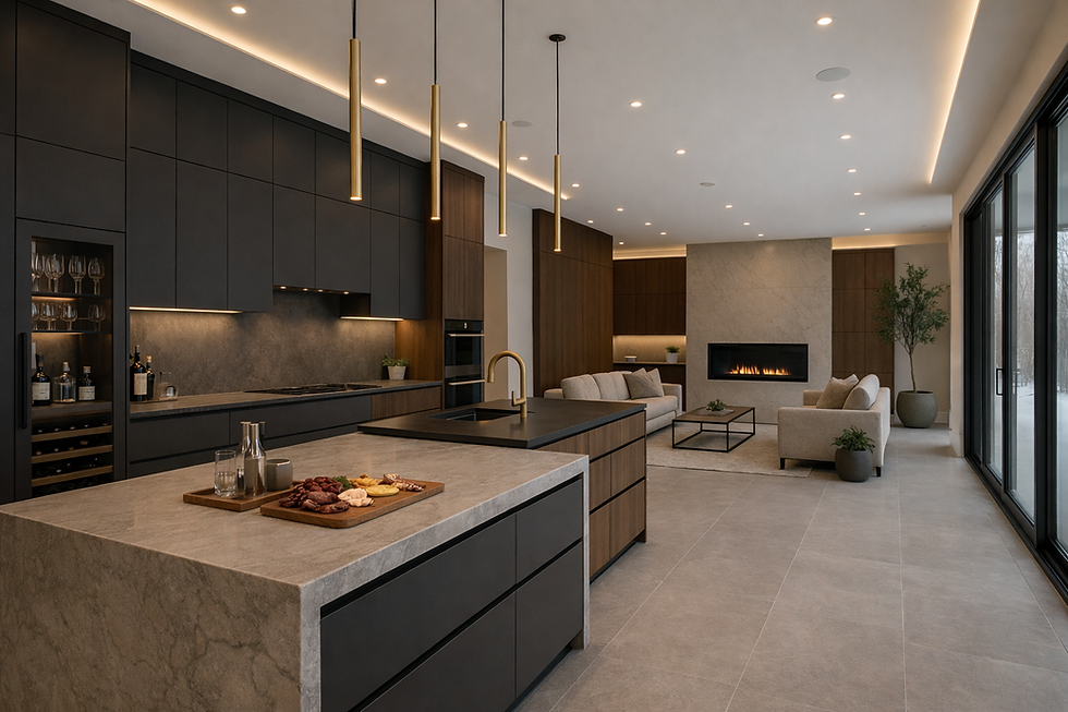 3 Modern open kitchen living space with warm wood, charcoal, and stone tones.png
