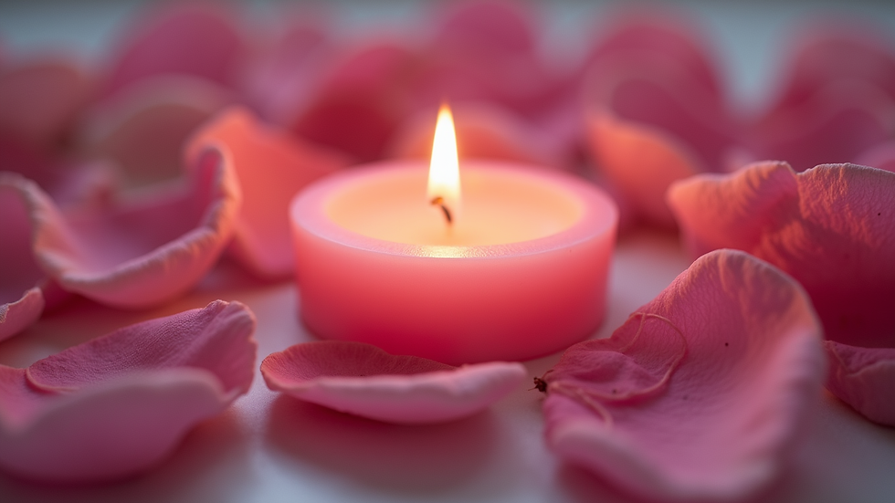 Eye-level view of a lit pink candle surrounded by soft rose petals