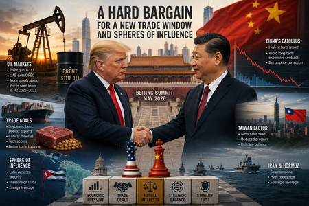 A dramatic geopolitical editorial illustration shows Donald Trump and Xi Jinping shaking hands in front of Beijing’s Forbidden City during the May 2026 summit. Around them are visual elements symbolizing the global trade and energy struggle: oil pumps, a Brent crude barrel marked “$110–111,” cargo ships, soybeans, beef exports, naval fleets in the Strait of Hormuz, Taiwan’s skyline and flag, and a map of Latin America with Cuba highlighted. Large headlines read “A Hard Bargain for a New Trade Window and Spheres of Influence.” Side panels summarize themes including oil market pressure, China’s economic calculations, Taiwan tensions, trade negotiations, and U.S. strategic influence. The overall style is cinematic, analytical, and focused on high-stakes international diplomacy and economic competition.