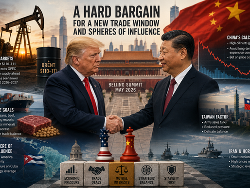 A dramatic geopolitical editorial illustration shows Donald Trump and Xi Jinping shaking hands in front of Beijing’s Forbidden City during the May 2026 summit. Around them are visual elements symbolizing the global trade and energy struggle: oil pumps, a Brent crude barrel marked “$110–111,” cargo ships, soybeans, beef exports, naval fleets in the Strait of Hormuz, Taiwan’s skyline and flag, and a map of Latin America with Cuba highlighted. Large headlines read “A Hard Bargain for a New Trade Window and Spheres of Influence.” Side panels summarize themes including oil market pressure, China’s economic calculations, Taiwan tensions, trade negotiations, and U.S. strategic influence. The overall style is cinematic, analytical, and focused on high-stakes international diplomacy and economic competition.