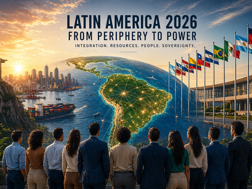 A cinematic illustration of Latin America in 2026, showing a glowing interconnected map of the region symbolizing unity and economic integration, with business professionals overlooking the landscape, modern cities, ports, and infrastructure, and national flags representing regional cooperation under the title “Latin America 2026: From Periphery to Power.