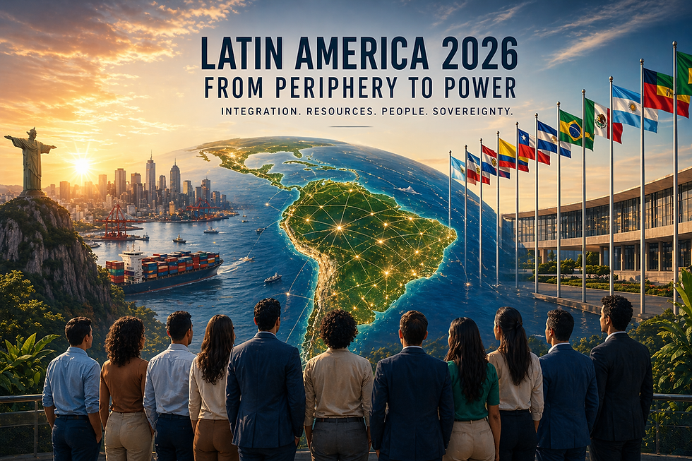 A cinematic illustration of Latin America in 2026, showing a glowing interconnected map of the region symbolizing unity and economic integration, with business professionals overlooking the landscape, modern cities, ports, and infrastructure, and national flags representing regional cooperation under the title “Latin America 2026: From Periphery to Power.