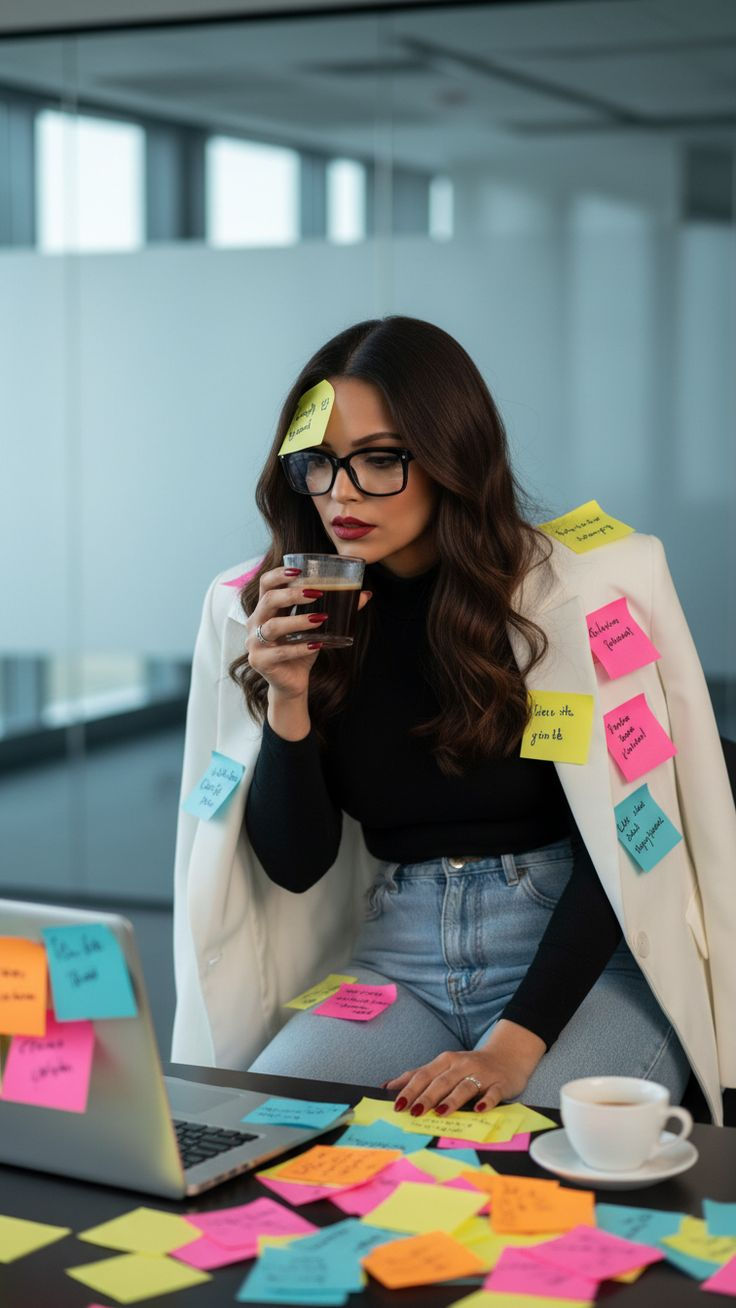 Mujer en oficina, con gafas y notas adhesivas de colores, bebe café junto a un portátil; ambiente creativo y ocupado.