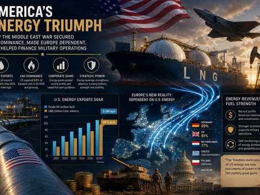 America’s Energy Triumph infographic illustrating U.S. energy dominance during the 2026 Middle East conflict. The image features a large LNG tanker, oil refinery, crude oil pipeline, offshore oil pump, fighter jet, U.S. flag, military vehicles, and a map of Europe with glowing export routes from the United States. Infographic elements highlight record U.S. crude oil and LNG exports, Europe’s growing dependence on American energy, corporate profits, and the geopolitical relationship between energy security, economic power, and military strategy.