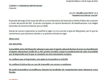 Modificación RGCE 1.5.1“MANIFESTACIÓN DE VALOR”