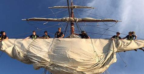 Trainees and crew aloft. Summer camp.