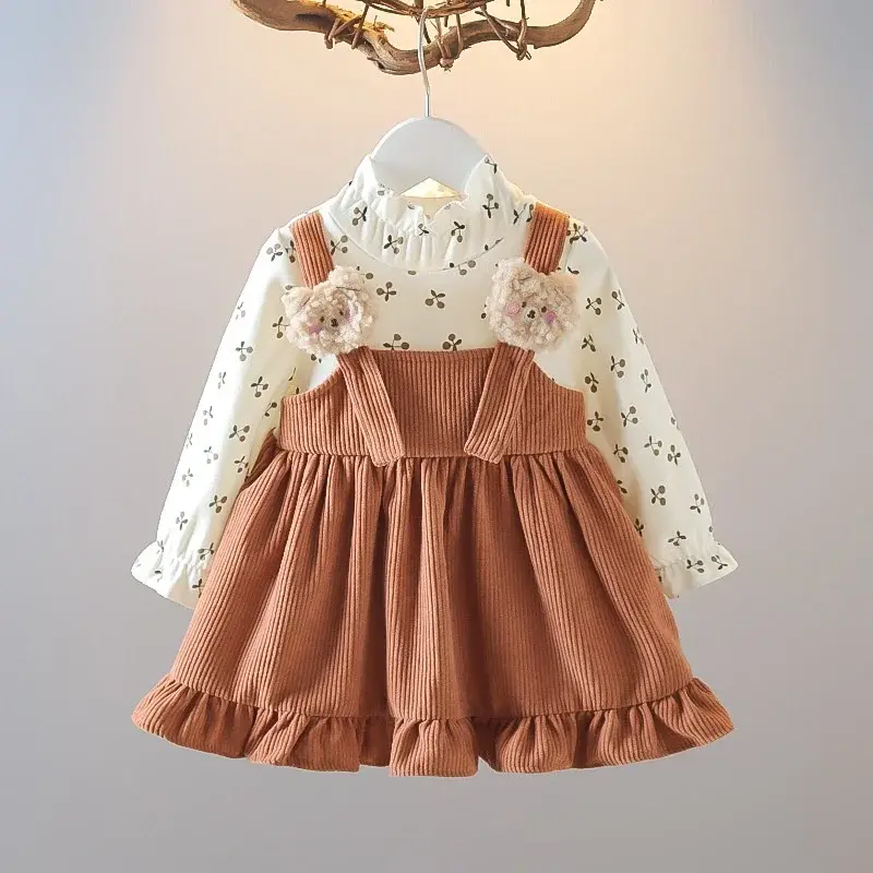 Thumbnail: Fake Two Pieces Dress Corduroy Cartoon Bear Cherry Print Splicing Dresses Girls 