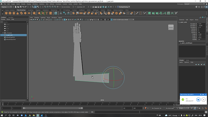 14 duplicate entire arm, delete L_hand, Key board E then J to rotate 90 degrees Snap Rota