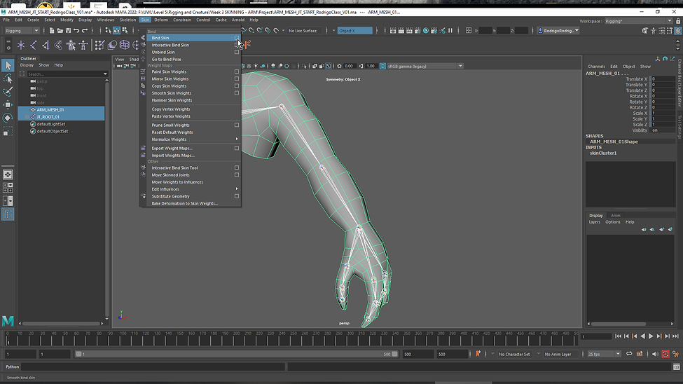 1. Jt_ROOT selected and Shift selecte the Arm, go to SKIN-BindSin, click in the Box to acc