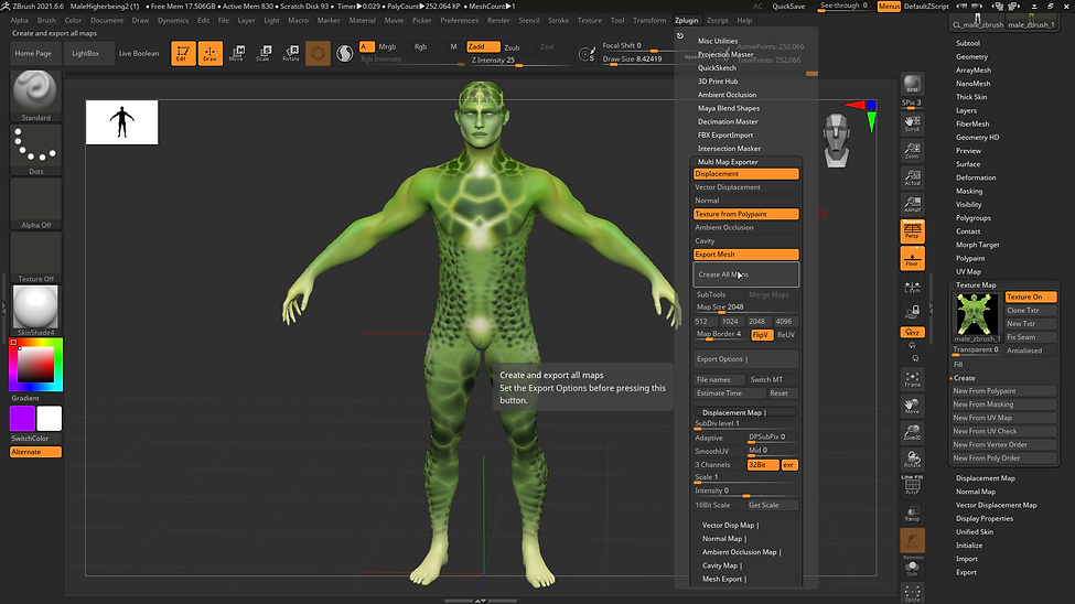 8. Zplugin, Turn on Dispplacement, TexturesFromPolypaints and ExportMesh. Tehn in ExportOp