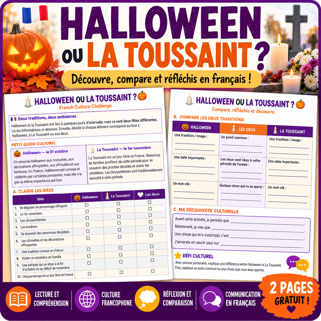 Free 2-page French Halloween and La Toussaint activity with reading, cultural comparisons, and reflection worksheets.