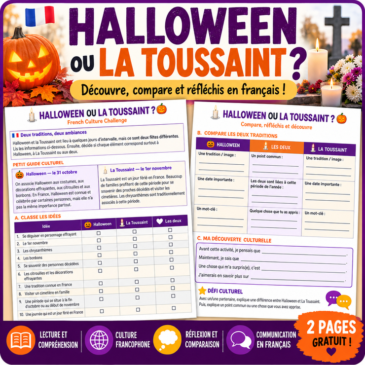 Free French Halloween activities comparing Halloween and La Toussaint with two printable cultural worksheets for French 1–2.