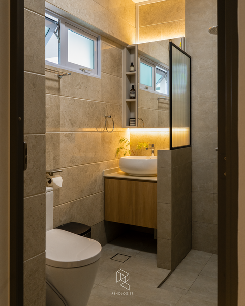 Modern Contemporary bathroom with stone-look porcelain tiles, floating wood vanity, vessel basin, fluted glass shower partition, and warm backlit mirror.