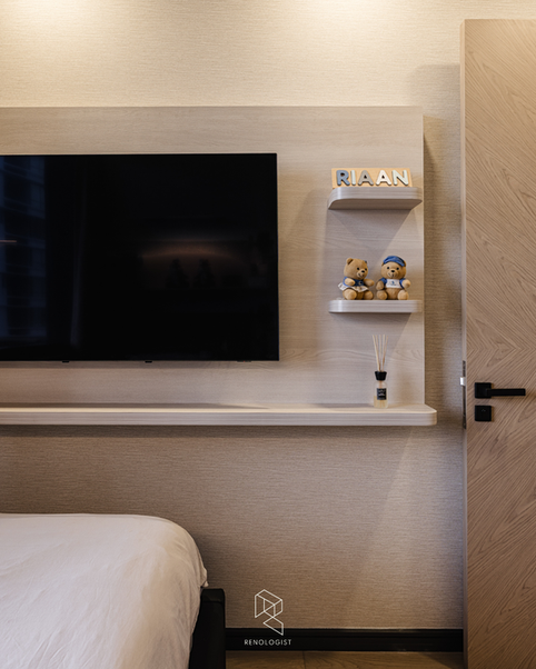 Modern luxury common bedroom with custom overhead storage, upholstered bed frame and warm neutral finishes at Perfect Ten condo.