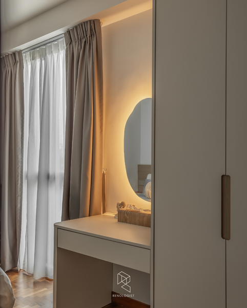 Modern Scandinavian bedroom with arched feature wall niche, full-height wardrobe, warm wood flooring, and minimalist neutral styling.
