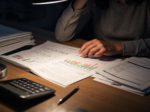 Buyer reviewing mortgage loan options at a desk with paperwork and calculator