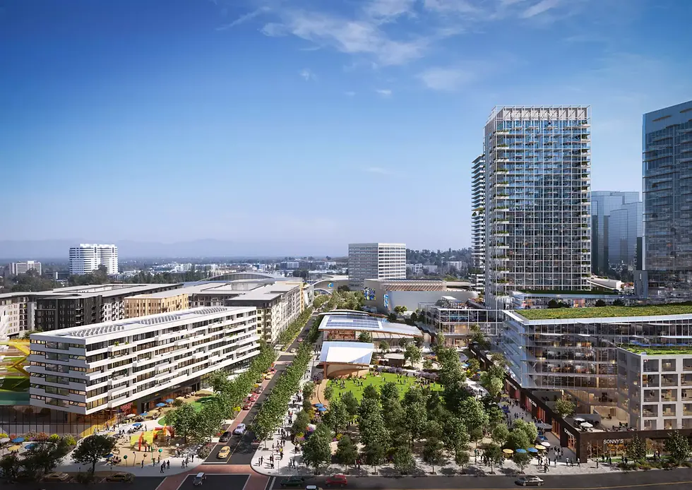 : Rams Village Woodland Hills site plan showing residential and retail districts.