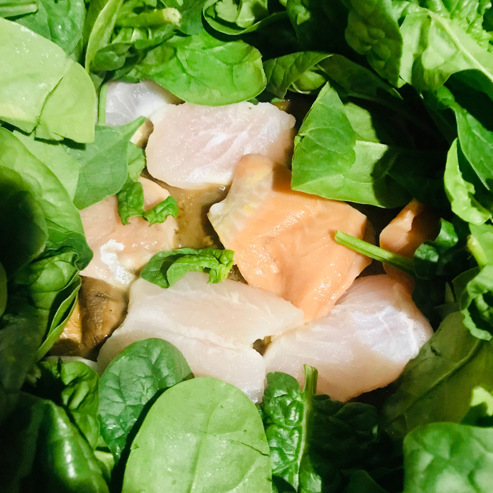 Place the salmon and cod at the centre of the pan and lay the young spinach around the edges