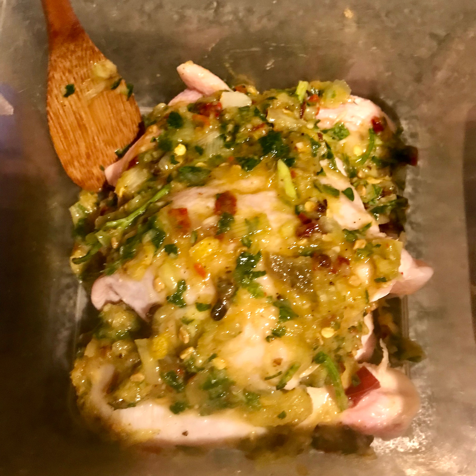 Liberally baste the chicken with the marinade and store in the fridge
