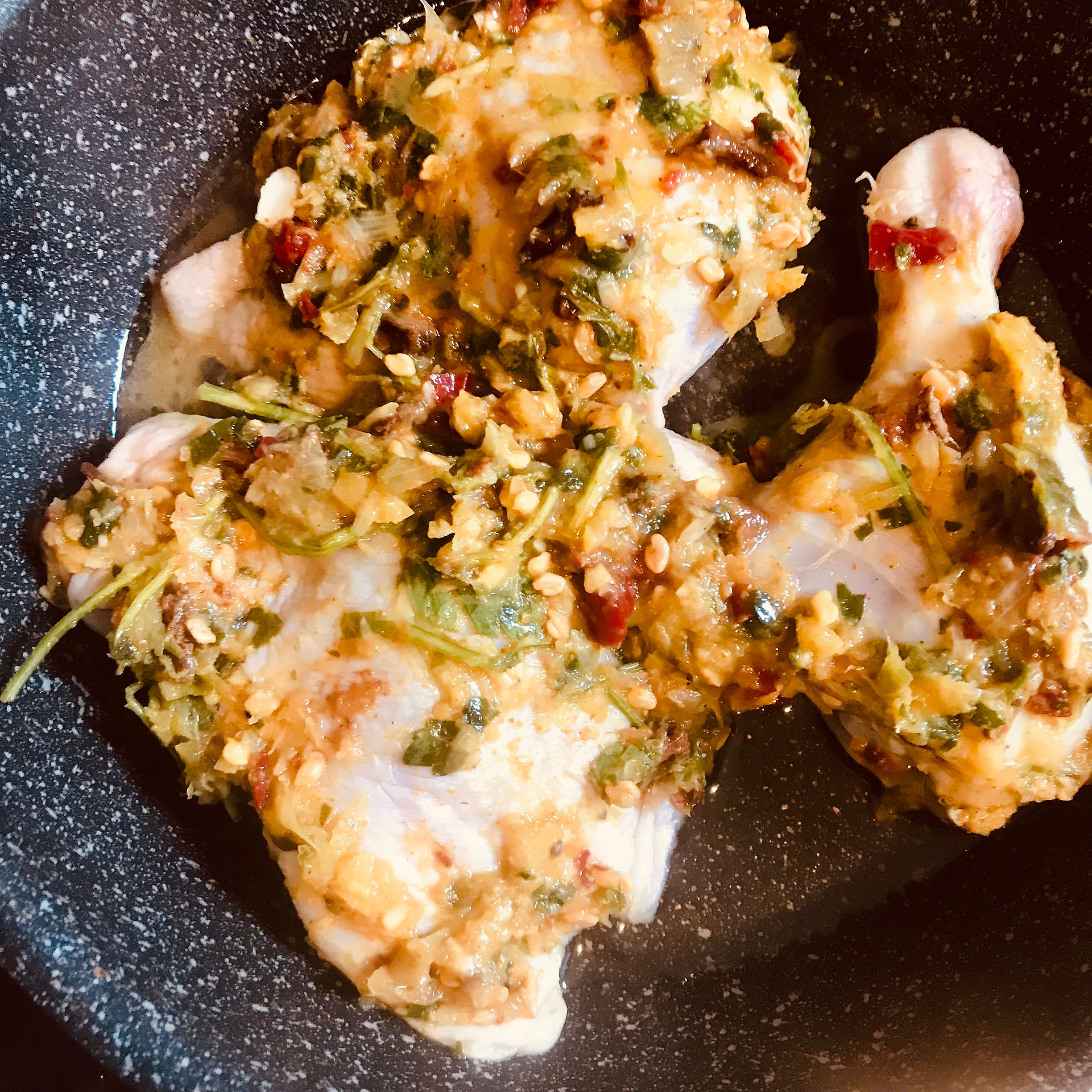 Add the chicken to the hot pan without removing the marinade
