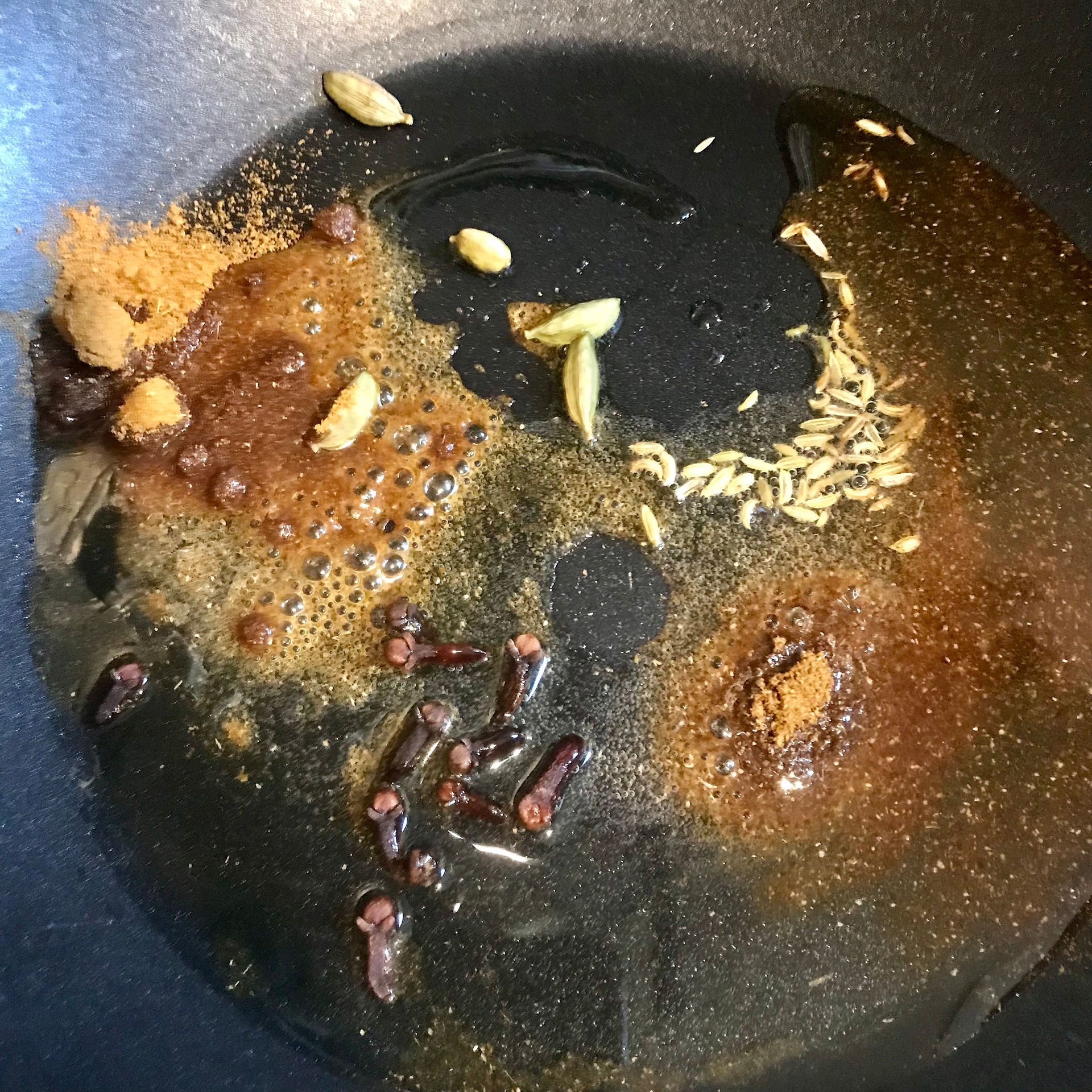 Allow the aromas of the whole spices to be released in the heating oil